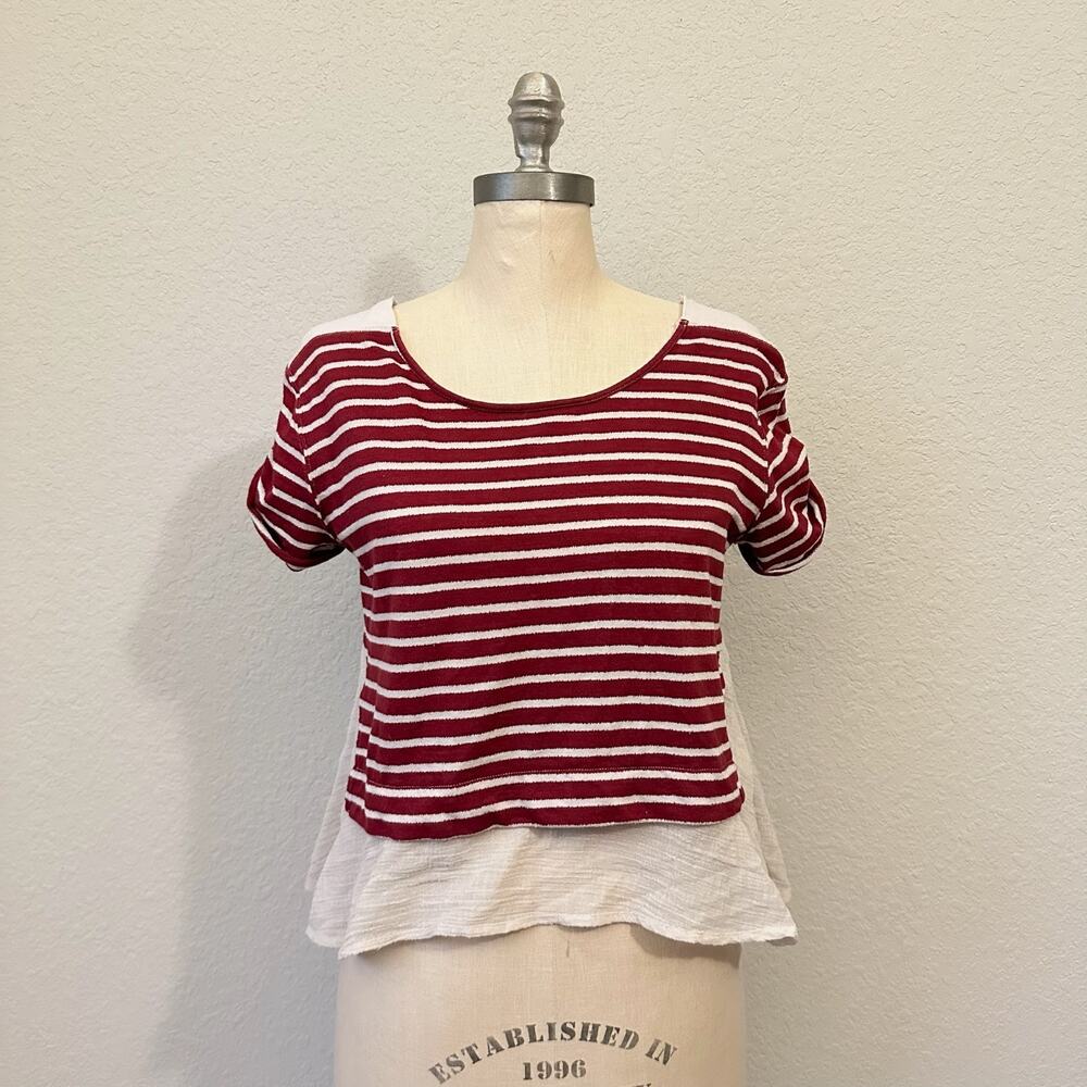 FREE PEOPLE French Kiss Top Red Cream Striped Layered Pleated Blouse